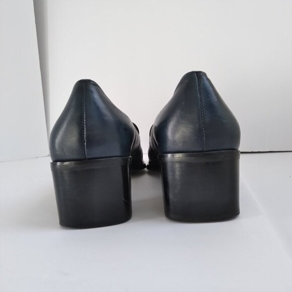 Stylish 90's Navy Leather 'Status' Slip On Square Toe Block Heel Shoes Sz 8.5 - Picture 4 of 10